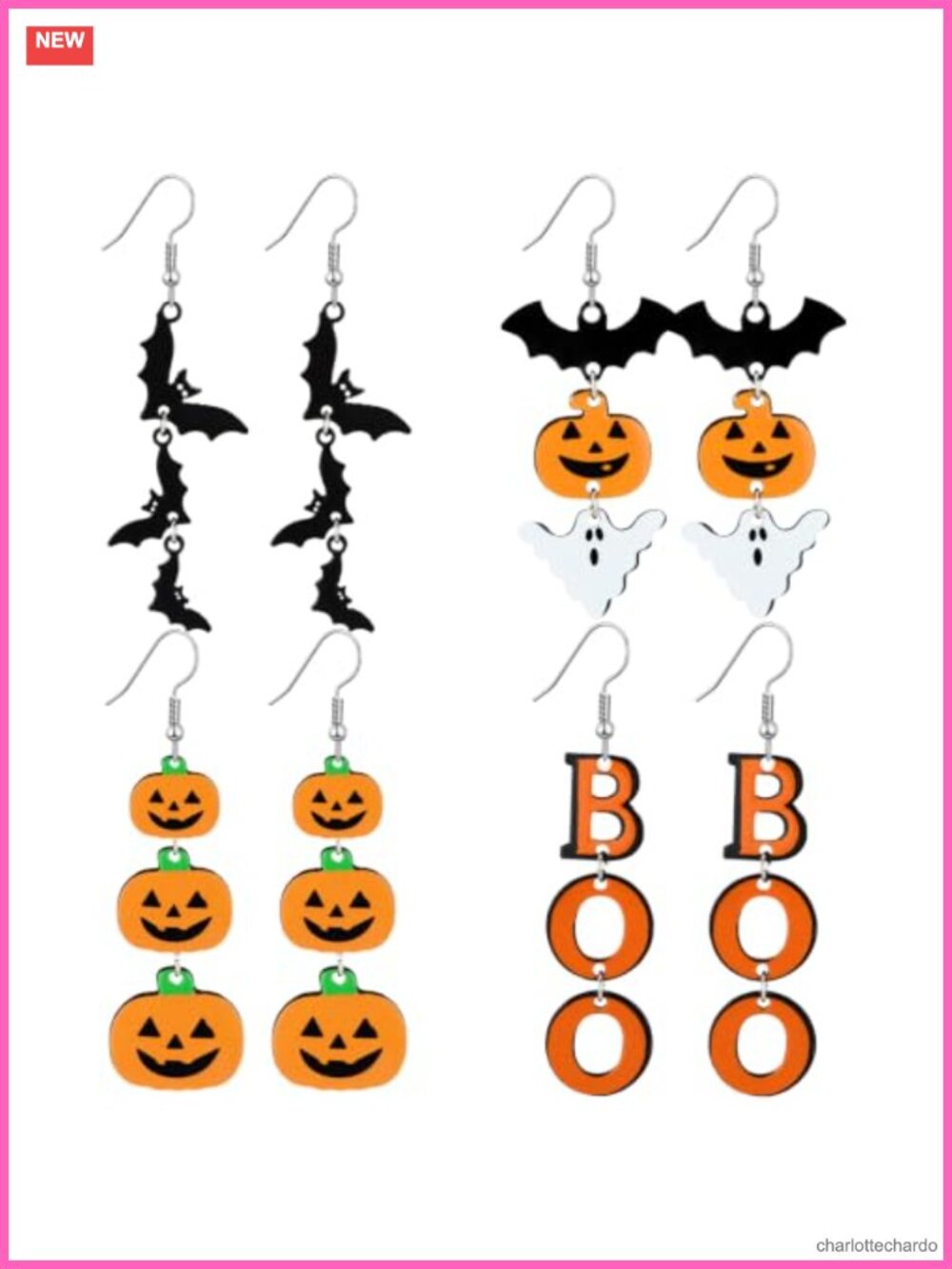 Halloween Dangle Earrings Set of 4 - Bat Pumpkin Ghost Designs - Zinc Alloy